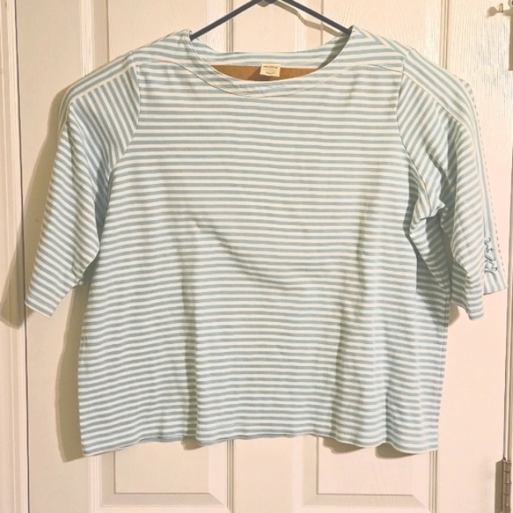 Blair aqua and white striped 3/4 tee with nautical sleeve detail, size 3XL